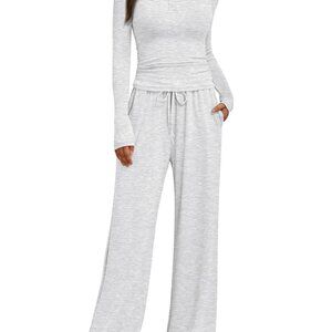 Soft Spandex Lounge Set Long Sleeve Wide Leg Pants Tracksuit